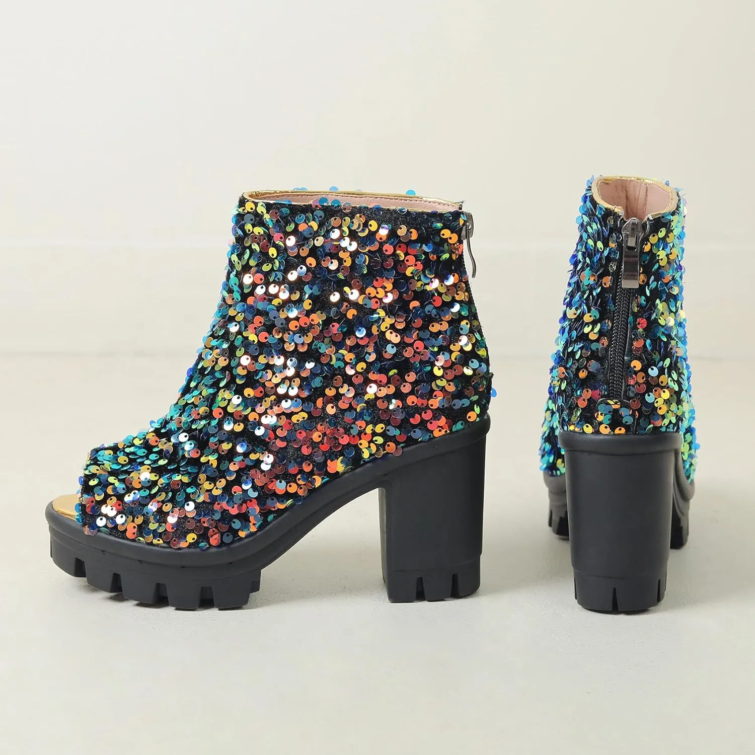 SHEMEE Peep Toe Glitter Ankle Boots for Women Chunky High Heeled Sandals Sparkly Sequin Block Heels Summer Booties with Zipper