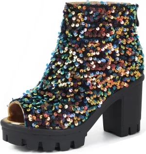SHEMEE Peep Toe Glitter Ankle Boots for Women Chunky High Heeled Sandals Sparkly Sequin Block Heels Summer Booties with Zipper