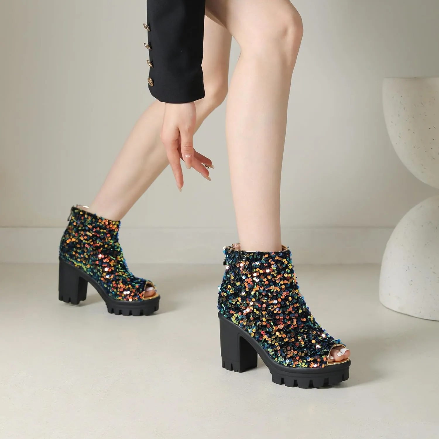 SHEMEE Peep Toe Glitter Ankle Boots for Women Chunky High Heeled Sandals Sparkly Sequin Block Heels Summer Booties with Zipper
