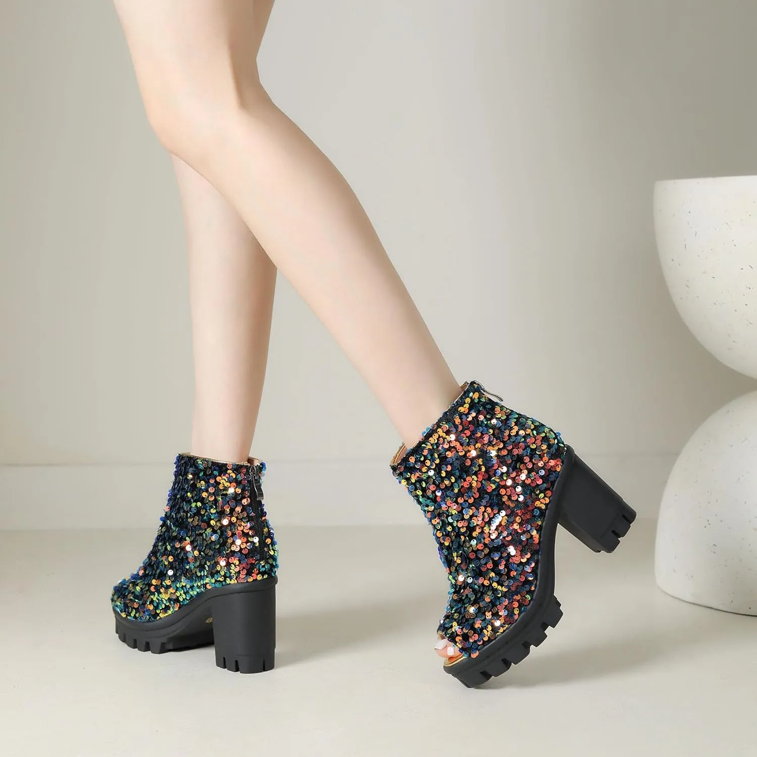 SHEMEE Peep Toe Glitter Ankle Boots for Women Chunky High Heeled Sandals Sparkly Sequin Block Heels Summer Booties with Zipper