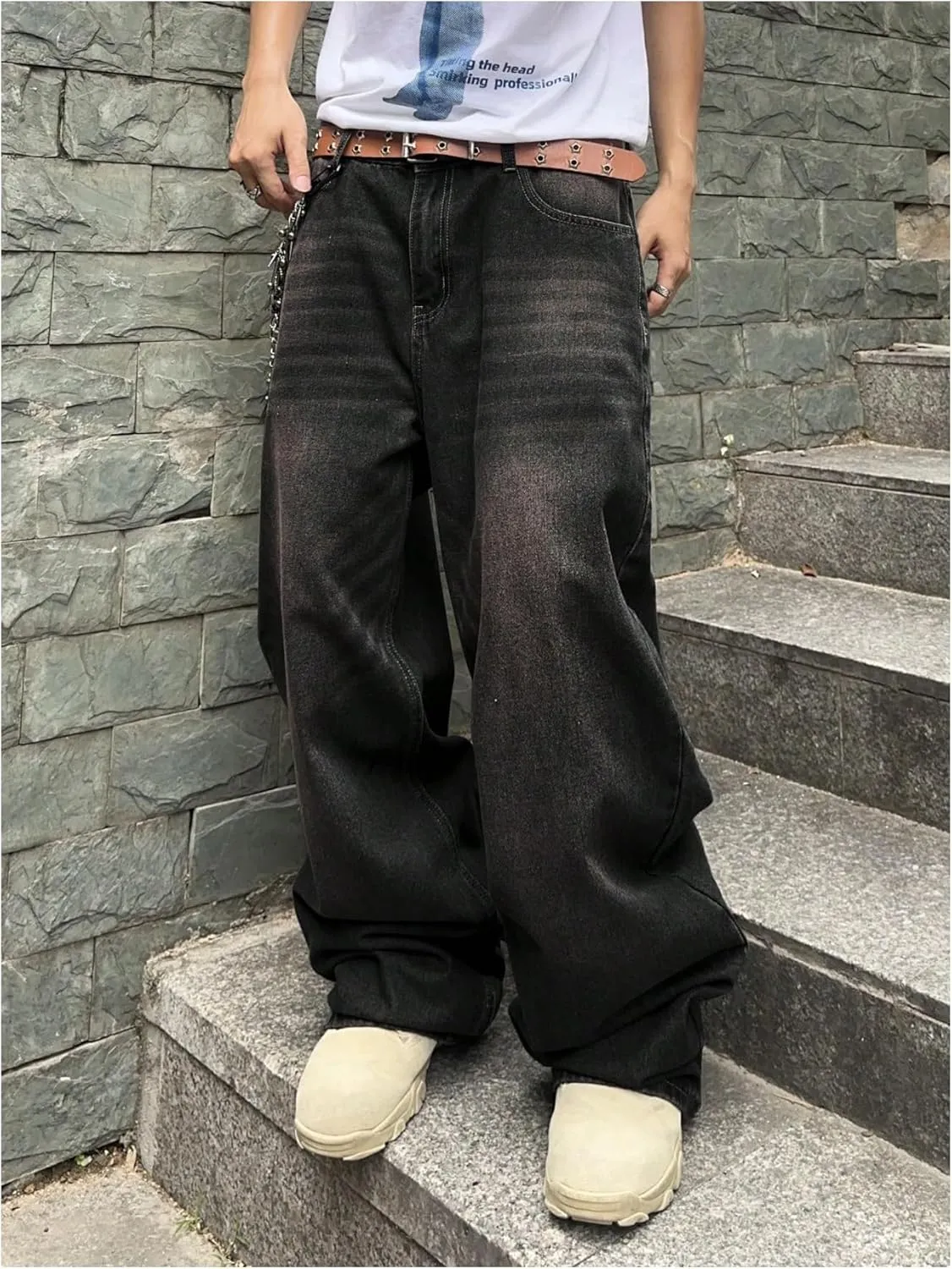 SHENHE Men's Wide Leg Jeans Vintage Baggy Jeans Casual Loose Fit Denim Pants with Pockets