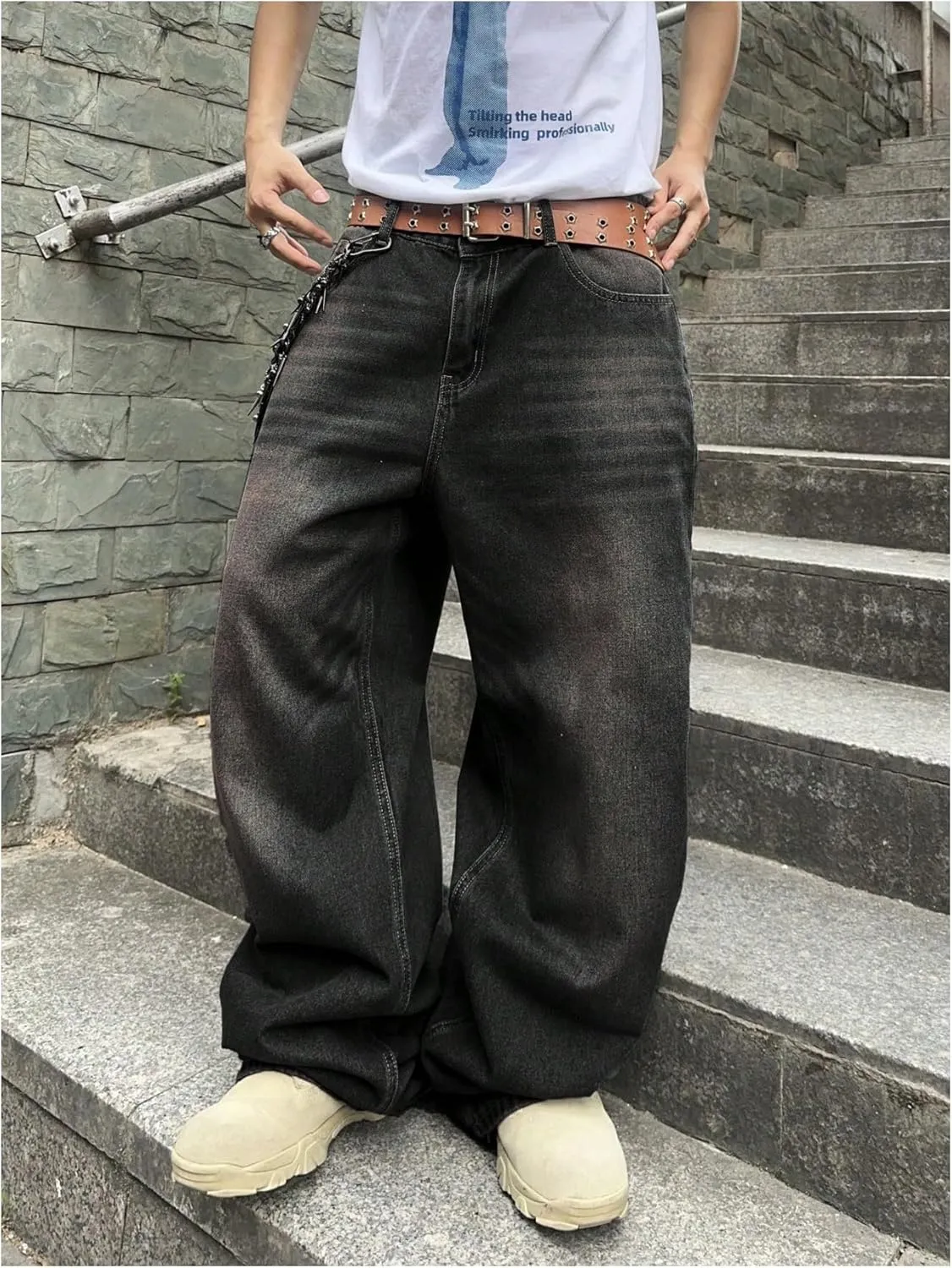 SHENHE Men's Wide Leg Jeans Vintage Baggy Jeans Casual Loose Fit Denim Pants with Pockets