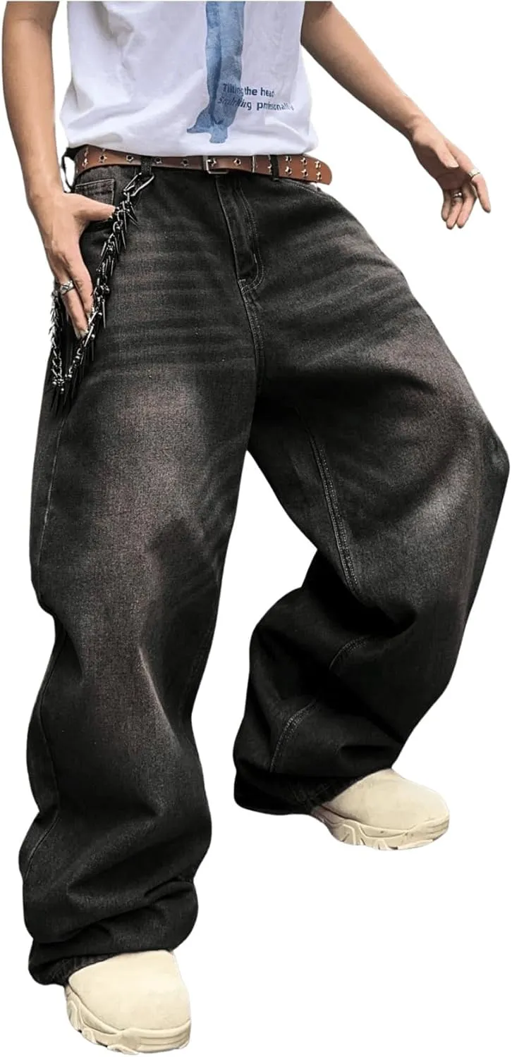 SHENHE Men's Wide Leg Jeans Vintage Baggy Jeans Casual Loose Fit Denim Pants with Pockets