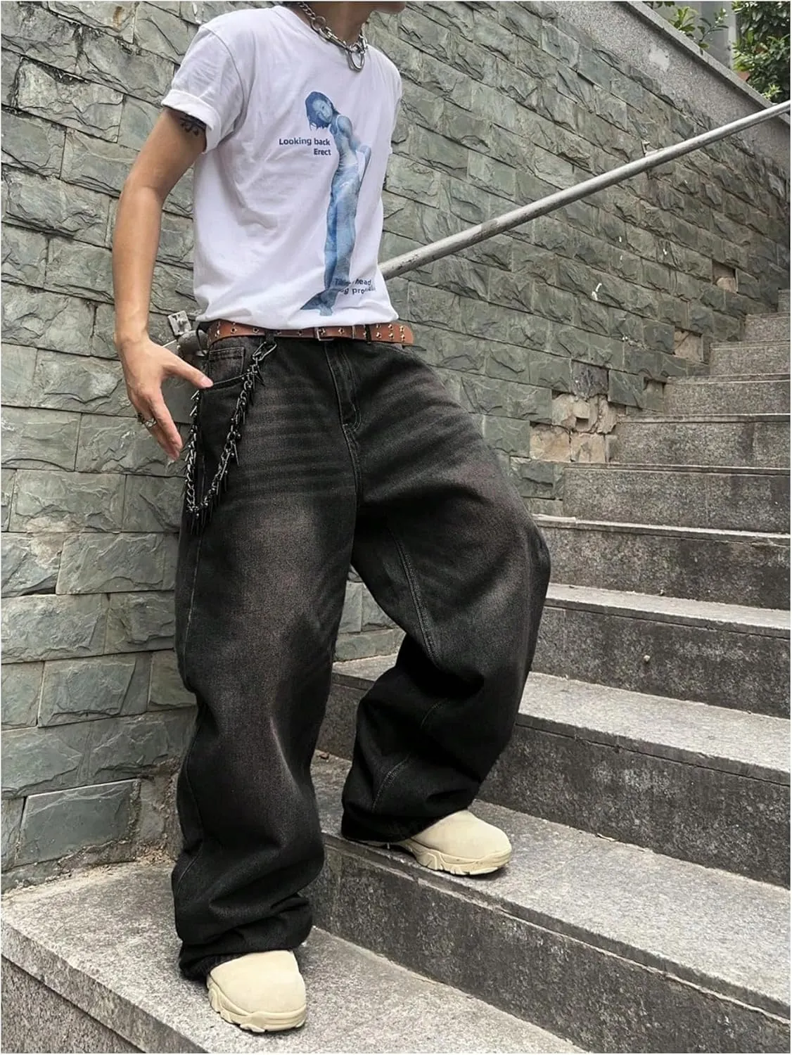 SHENHE Men's Wide Leg Jeans Vintage Baggy Jeans Casual Loose Fit Denim Pants with Pockets