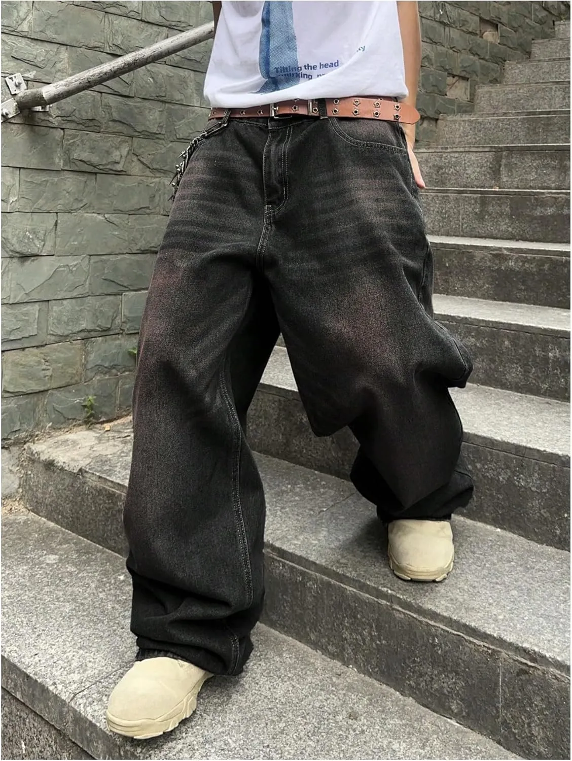 SHENHE Men's Wide Leg Jeans Vintage Baggy Jeans Casual Loose Fit Denim Pants with Pockets