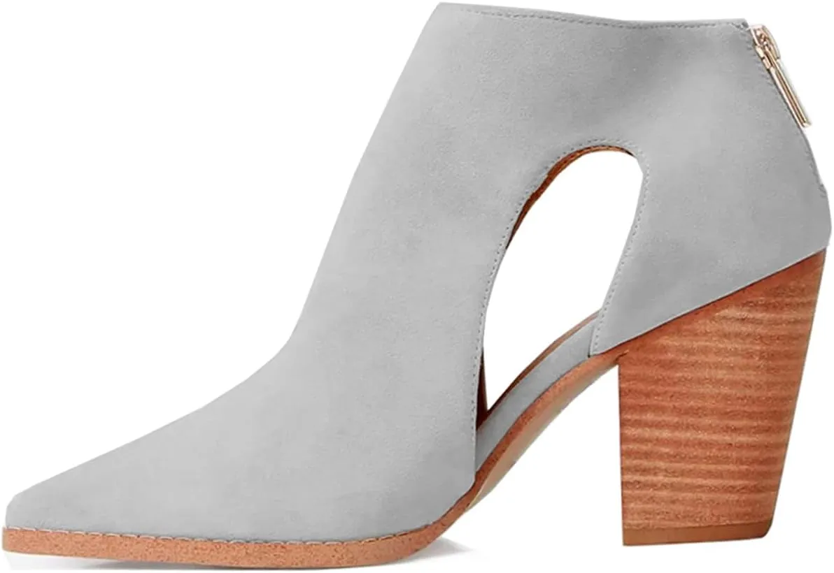 SHODENSE Cutout Western Booties Women High Chunky Stacked Heel Cowboy Ankle Boots Pointed Closed Toe Suede Cowgirl Boot Cut-out Heeled Sandal Booties Zipper Office Ladies Elegant Dress Boots 4-11 M US