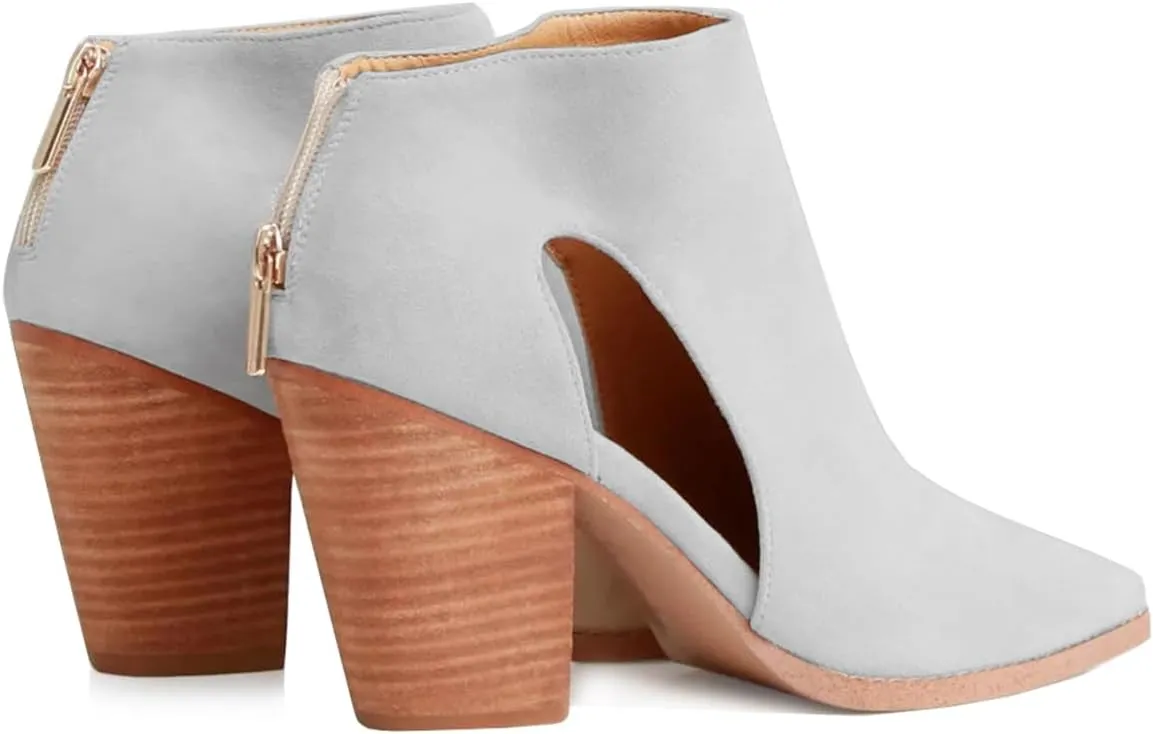 SHODENSE Cutout Western Booties Women High Chunky Stacked Heel Cowboy Ankle Boots Pointed Closed Toe Suede Cowgirl Boot Cut-out Heeled Sandal Booties Zipper Office Ladies Elegant Dress Boots 4-11 M US
