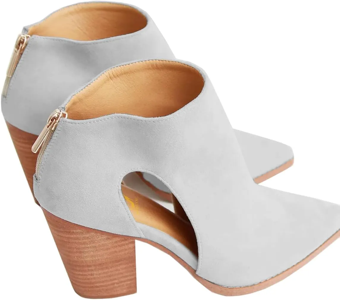 SHODENSE Cutout Western Booties Women High Chunky Stacked Heel Cowboy Ankle Boots Pointed Closed Toe Suede Cowgirl Boot Cut-out Heeled Sandal Booties Zipper Office Ladies Elegant Dress Boots 4-11 M US