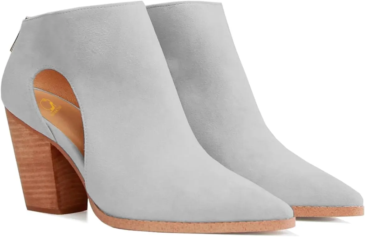 SHODENSE Cutout Western Booties Women High Chunky Stacked Heel Cowboy Ankle Boots Pointed Closed Toe Suede Cowgirl Boot Cut-out Heeled Sandal Booties Zipper Office Ladies Elegant Dress Boots 4-11 M US