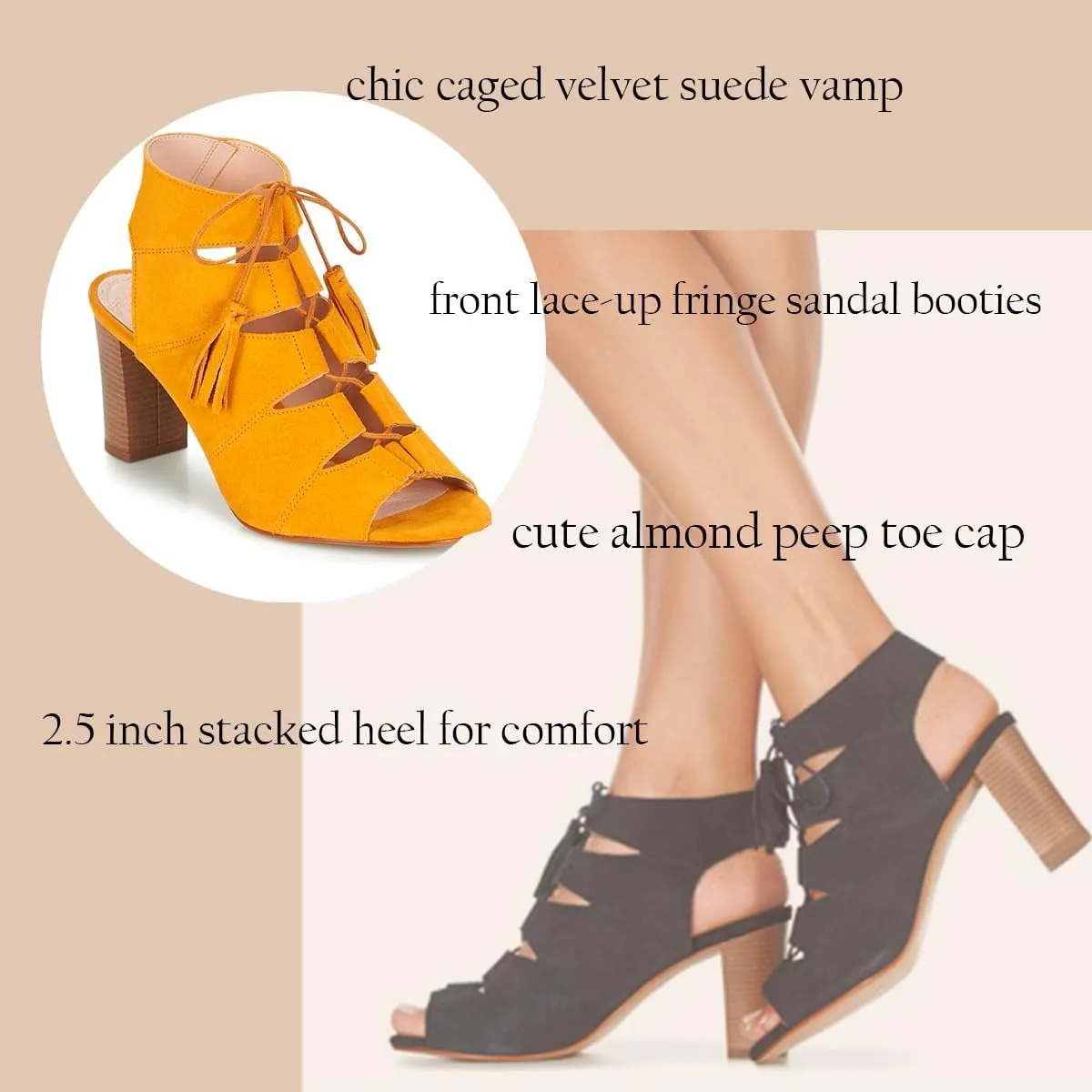 SHODENSE Women Fashion High Chunky Heel Sandals Open Peep Toe Suede Caged Ankle Booties Cutout Lace Up Backless Summer Sandal Boots Stacked Block Heels Dress Bootie Office Lady Party Ball 4-11 M US