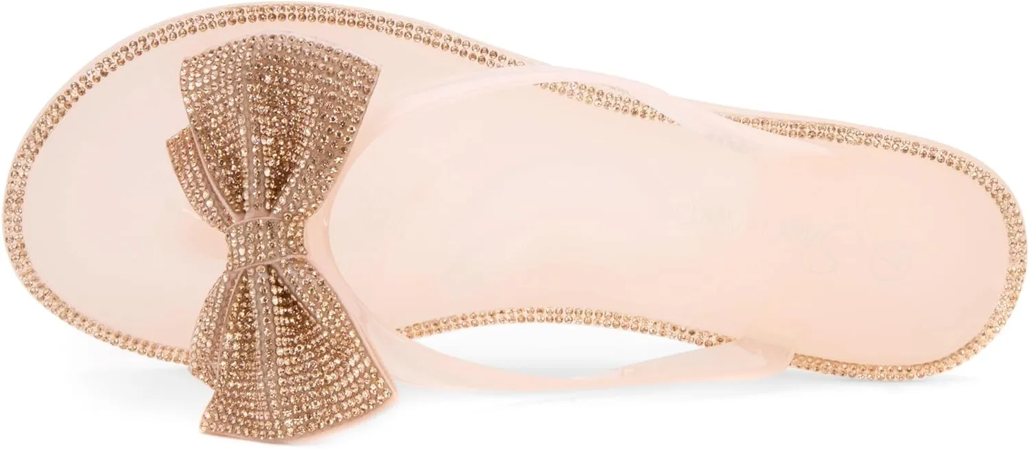 Shoe Land Summer Women's Flat Sandals Jelly Flip Flops Rhinestone Bowtie Thong Sandal Strappy Slip On Slides for Daily Beach Pool
