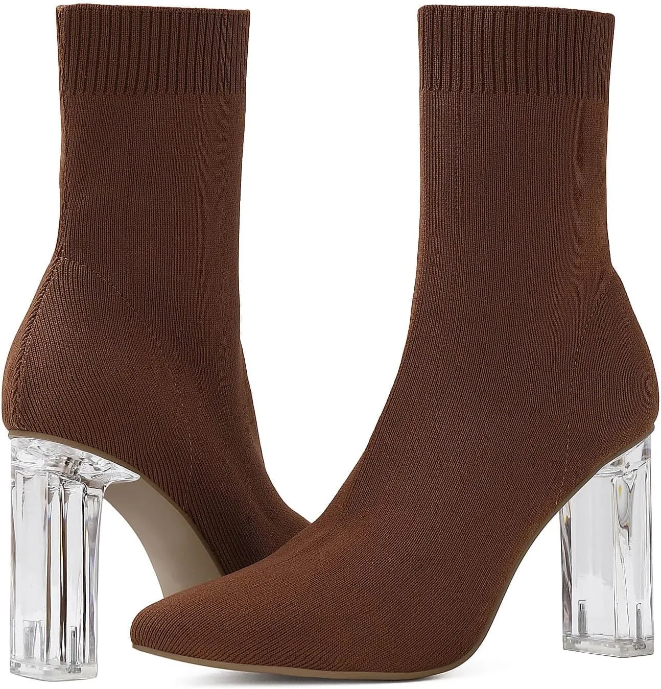 Shoe'N Tale Women's Knit Sock Ankle Boots Pointed Toe Clear Mid Heel Slip-on Stretch Booties Shoes