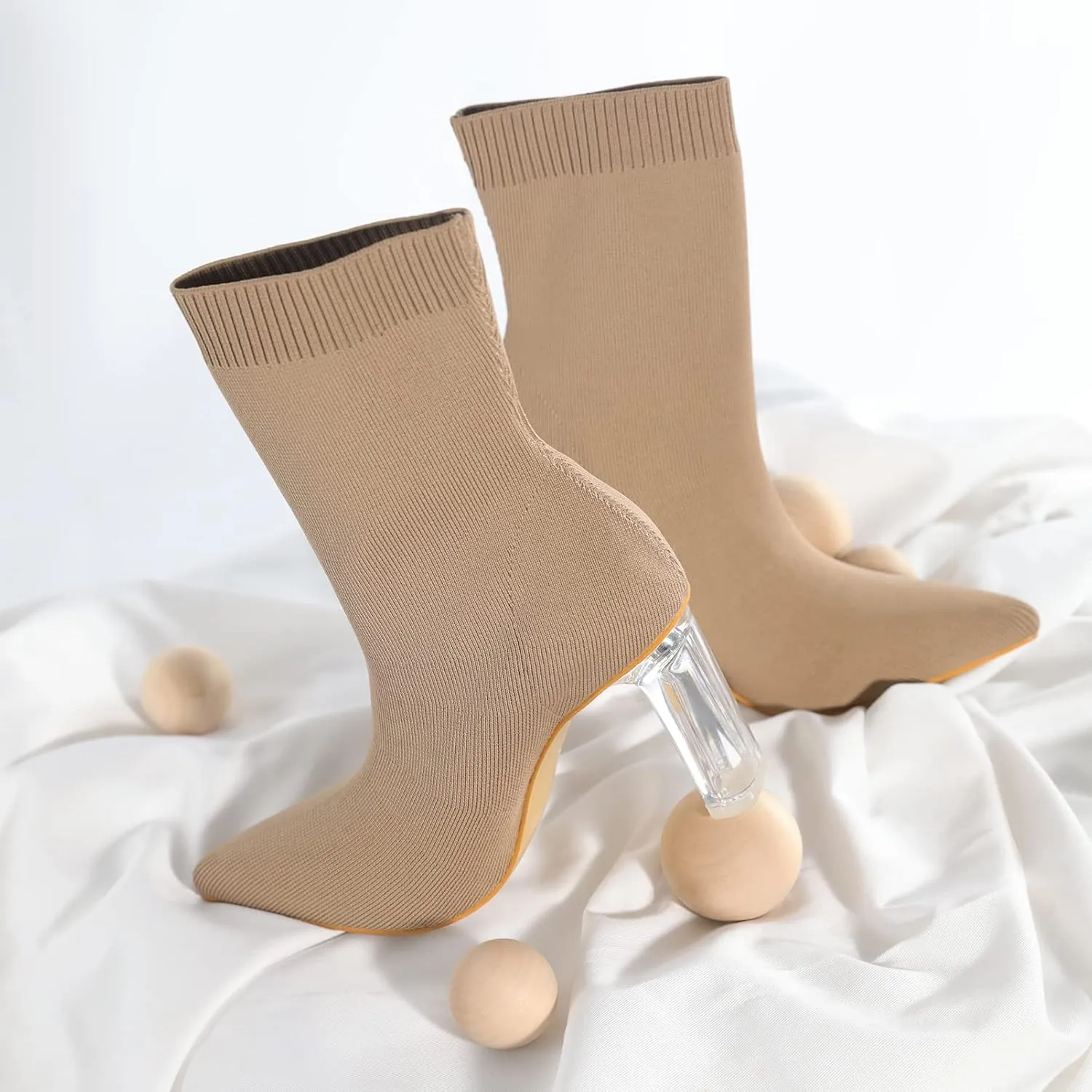 Shoe'N Tale Women's Knit Sock Ankle Boots Pointed Toe Clear Mid Heel Slip-on Stretch Booties Shoes
