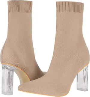 Shoe'N Tale Women's Knit Sock Ankle Boots Pointed Toe Clear Mid Heel Slip-on Stretch Booties Shoes