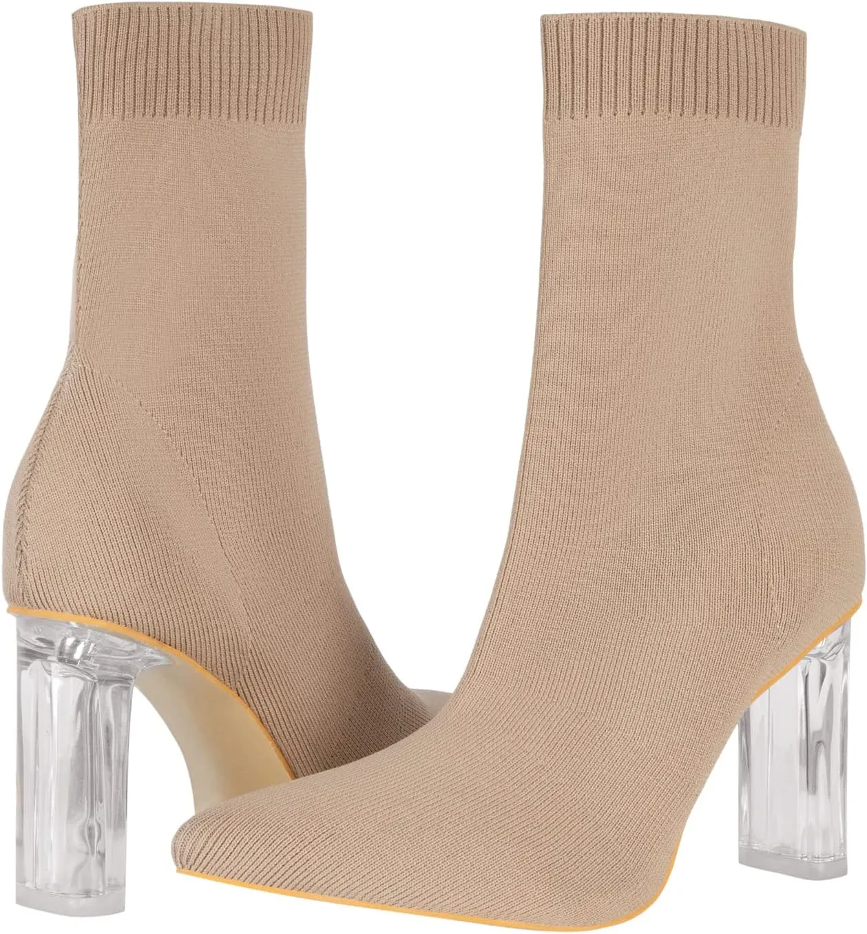 Shoe'N Tale Women's Knit Sock Ankle Boots Pointed Toe Clear Mid Heel Slip-on Stretch Booties Shoes