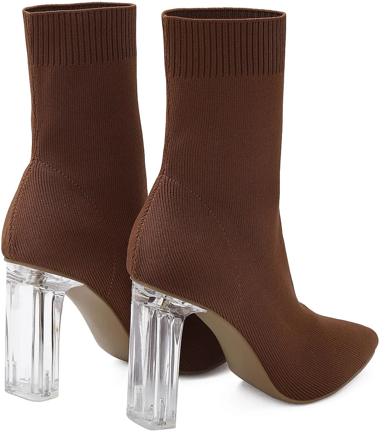Shoe'N Tale Women's Knit Sock Ankle Boots Pointed Toe Clear Mid Heel Slip-on Stretch Booties Shoes