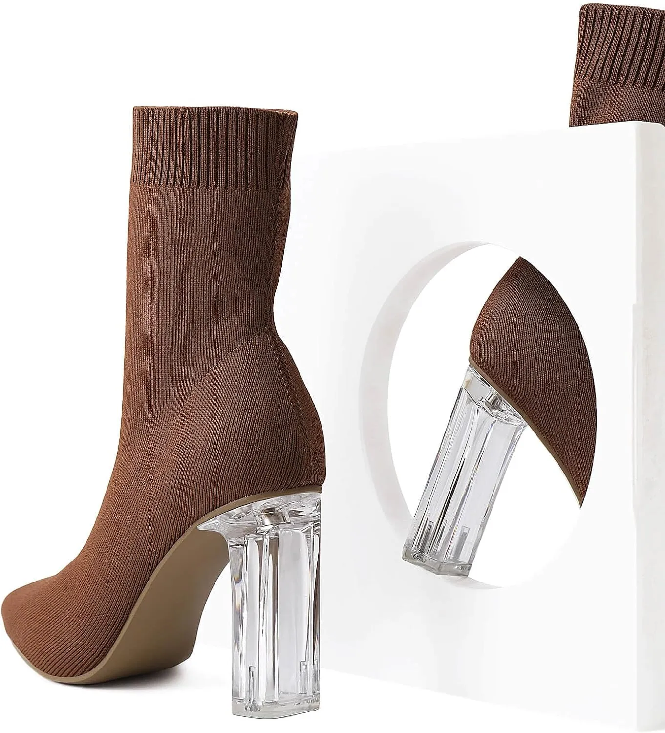 Shoe'N Tale Women's Knit Sock Ankle Boots Pointed Toe Clear Mid Heel Slip-on Stretch Booties Shoes