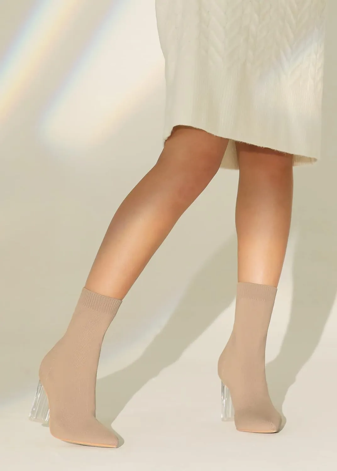 Shoe'N Tale Women's Knit Sock Ankle Boots Pointed Toe Clear Mid Heel Slip-on Stretch Booties Shoes