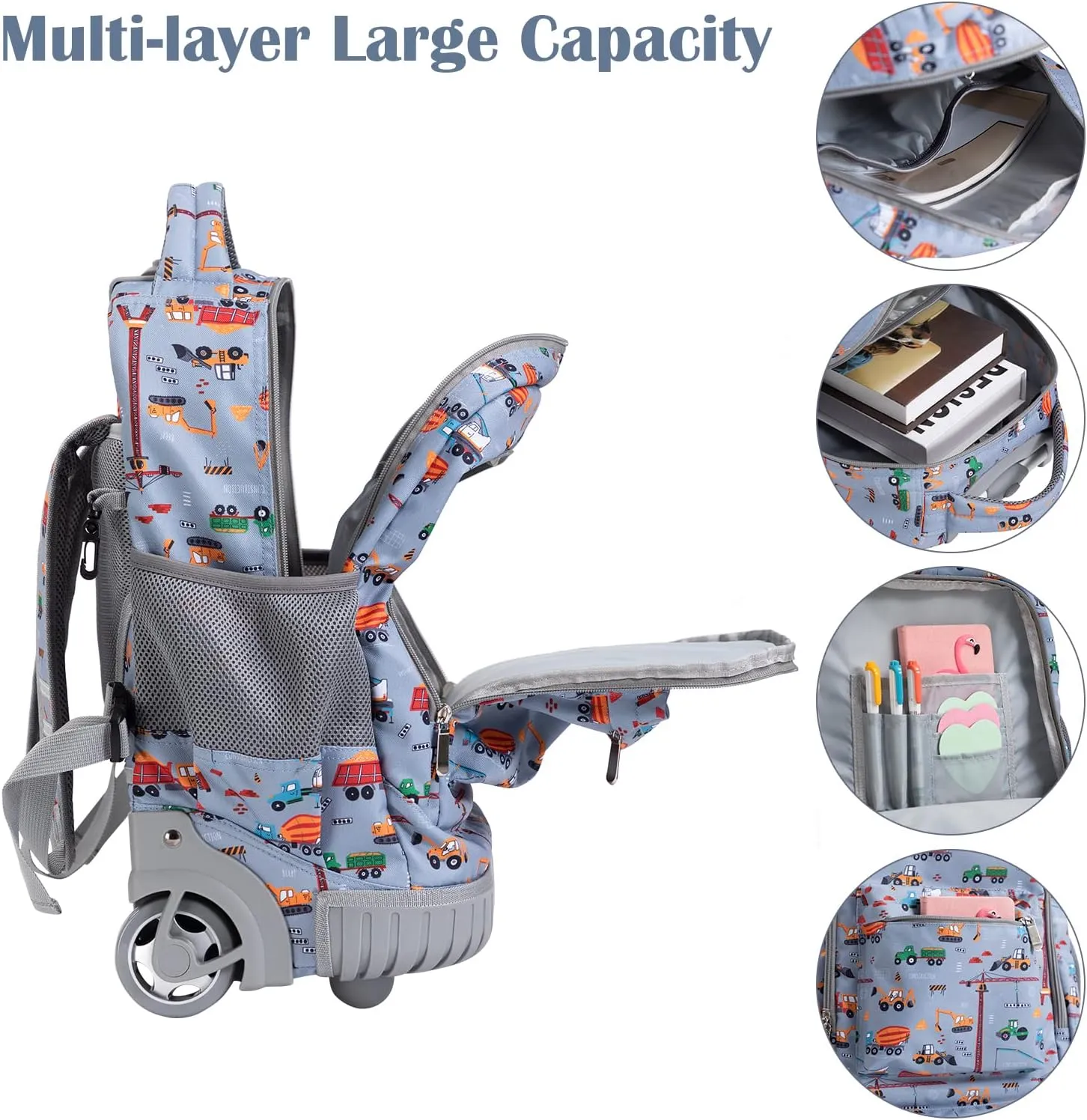 SKYMOVE 18 inches Wheeled Rolling Backpack for Boys and Girls Multi-Compartment School Students Books Laptop Trolley Bag Short Trip Carry-on, Light Gray Car