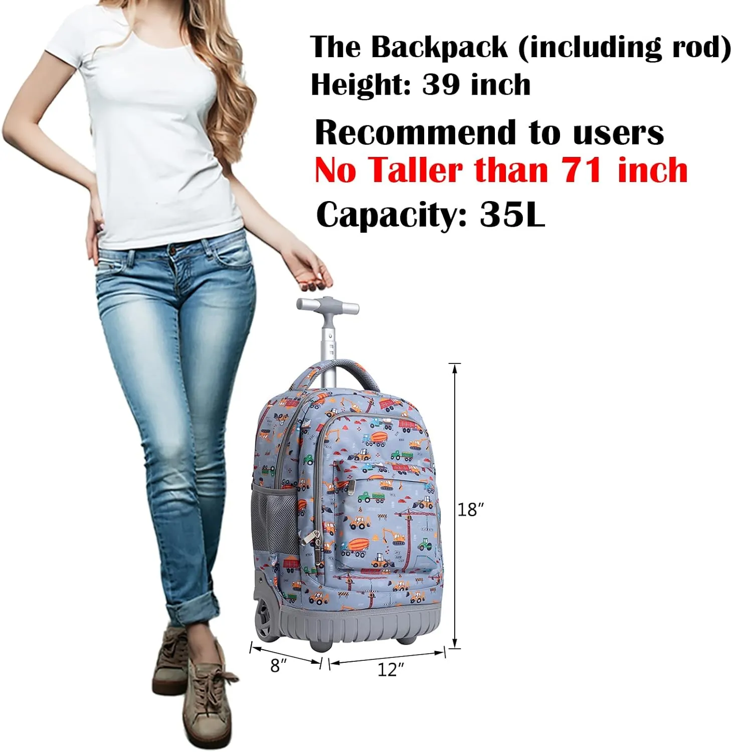 SKYMOVE 18 inches Wheeled Rolling Backpack for Boys and Girls Multi-Compartment School Students Books Laptop Trolley Bag Short Trip Carry-on, Light Gray Car