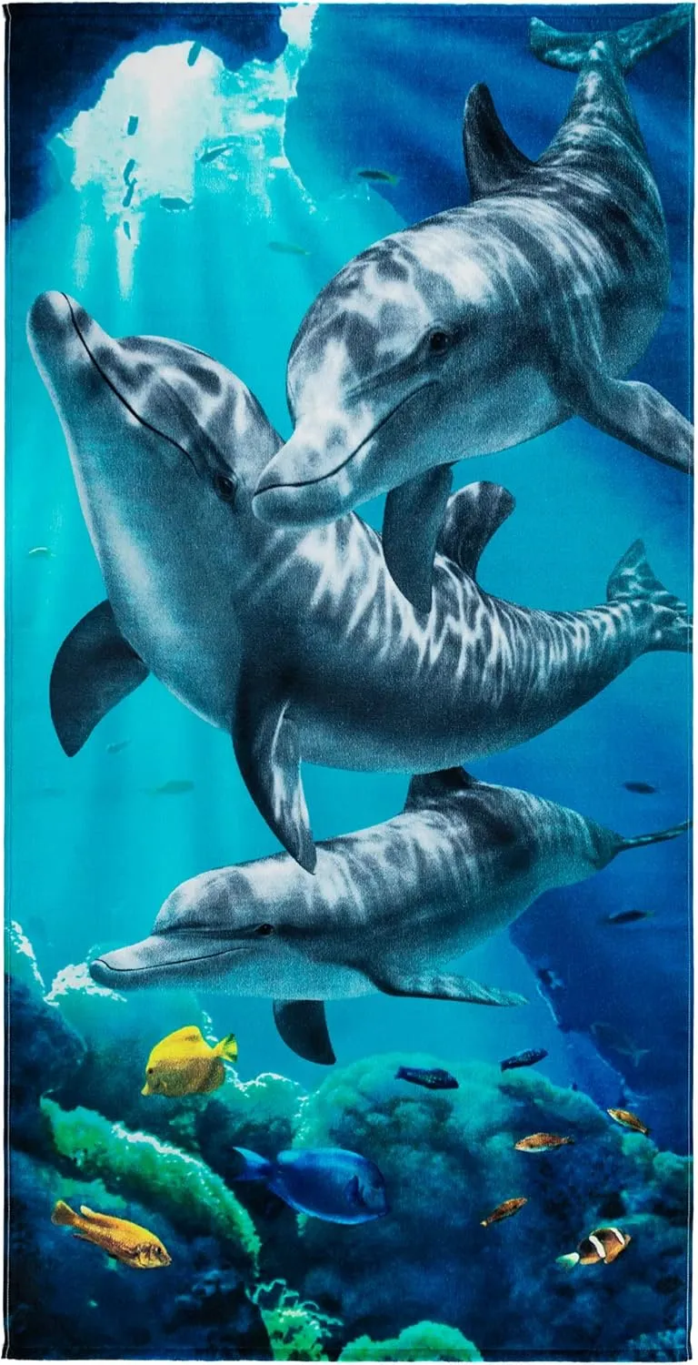 Softerry Dolphins Beach Towel 30 x 60 inch 100% Cotton Coral Reef and Fishes Tropical Island - Thin and Soft Terry Velour.
