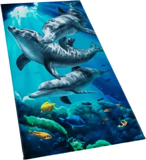 Softerry Dolphins Beach Towel 30 x 60 inch 100% Cotton Coral Reef and Fishes Tropical Island - Thin and Soft Terry Velour.