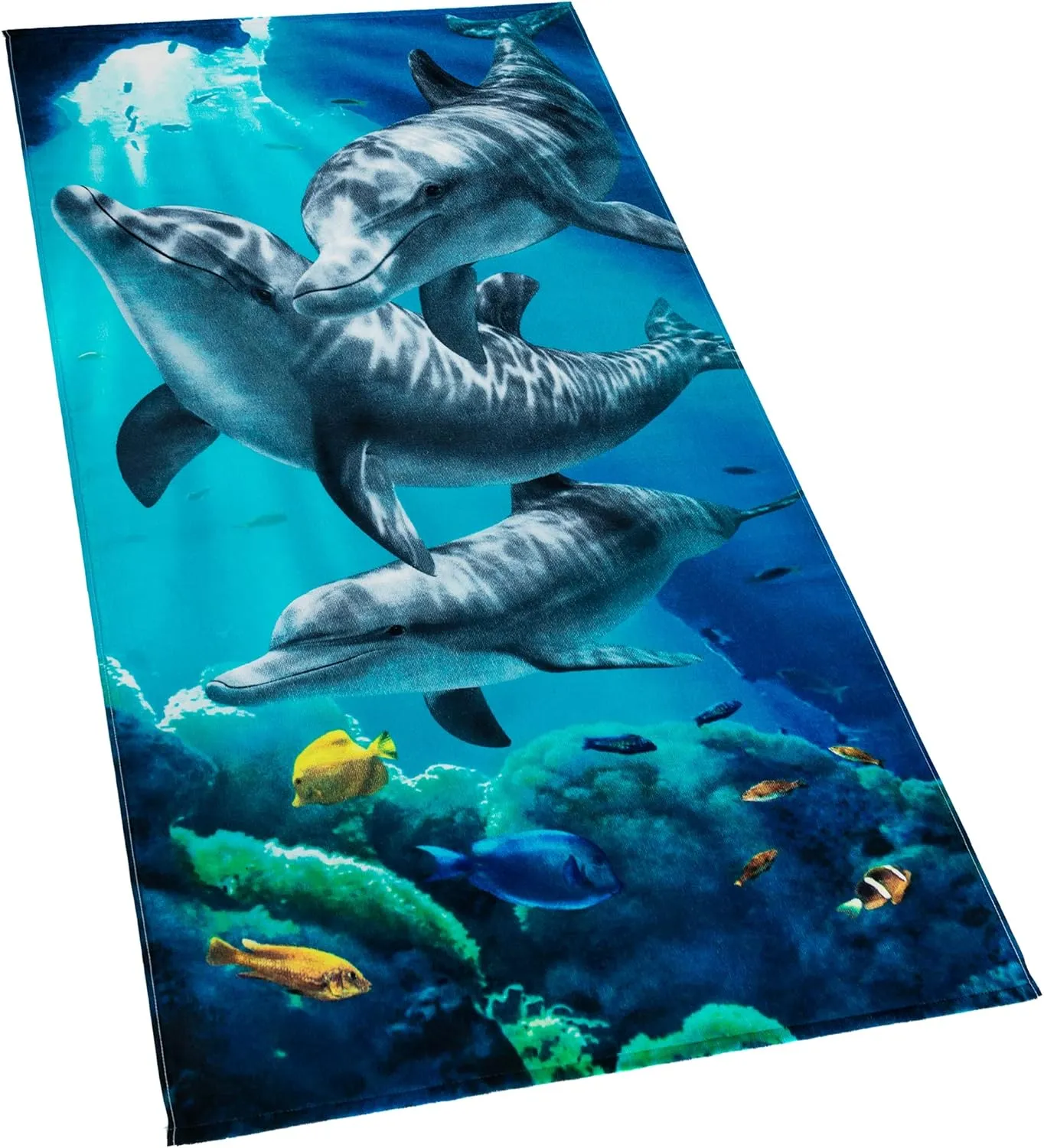 Softerry Dolphins Beach Towel 30 x 60 inch 100% Cotton Coral Reef and Fishes Tropical Island - Thin and Soft Terry Velour.