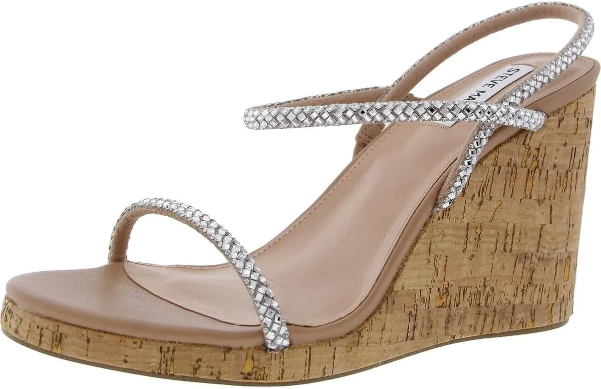 Steve Madden Morgan Rhinestone Slip On Strappy Open Toe Wedge Heeled Sandals