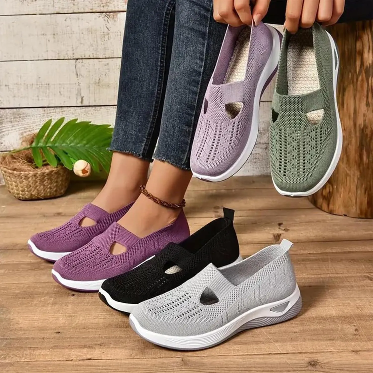 StoneLiquid Women's Comfortable Breathable Knitted Sneakers Orthopedic Walking Arch Support Soft Cut-Out Shoes
