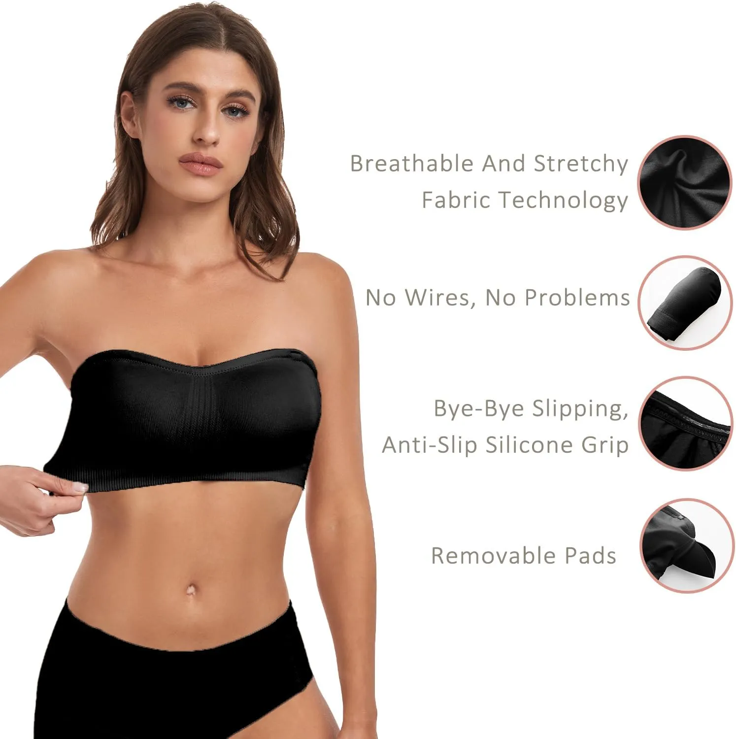 Strapless Bra for Women-Convertible Comfort Bandeau Bra with Non-Slip Silicone,Seamless Wirefree Padded Bralette