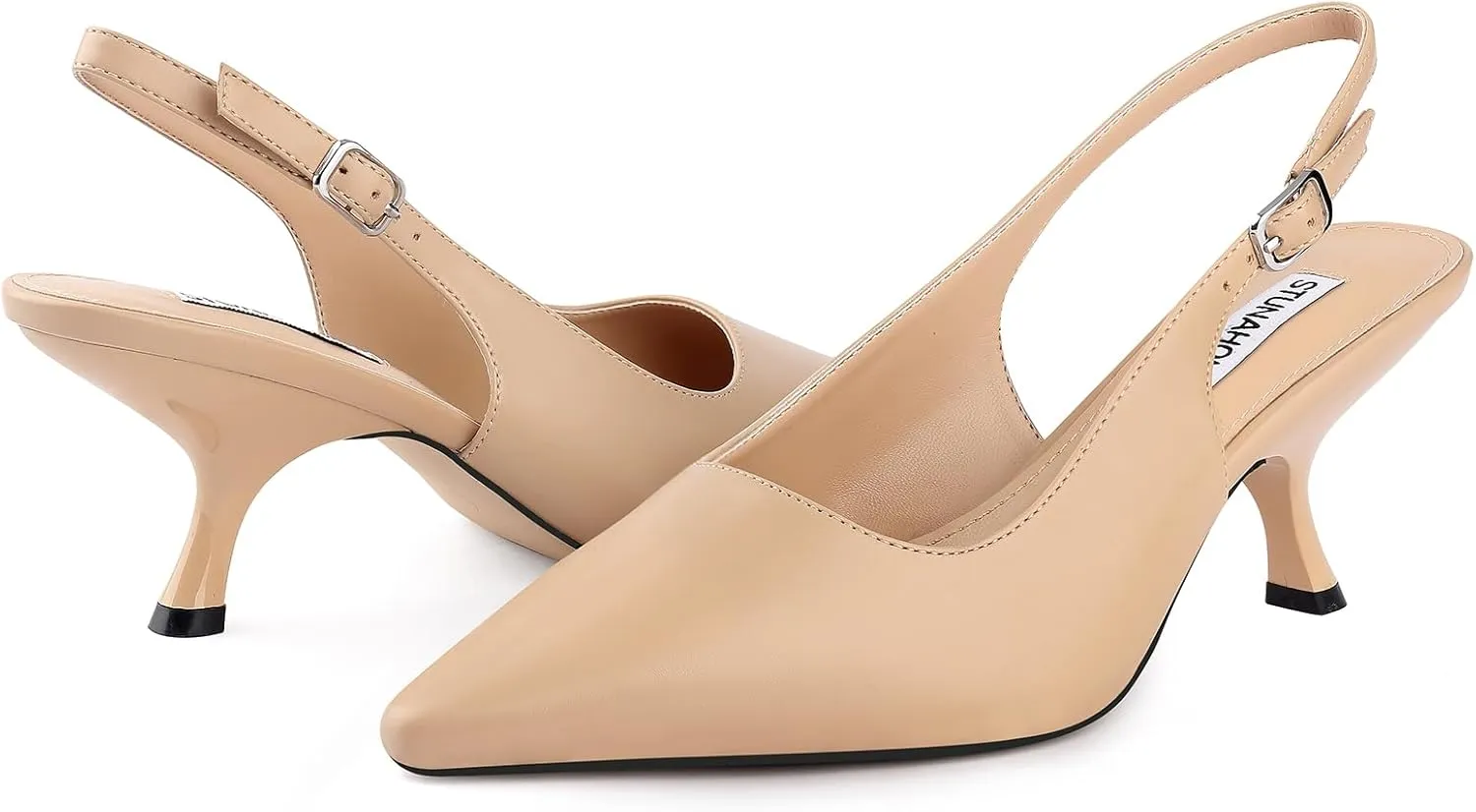 STUNAHOME Slingback Heels for Women Closed Pointed Toe Kitten Pumps Fashion Low Heel Wedding Casual Dress Shoes, Nude
