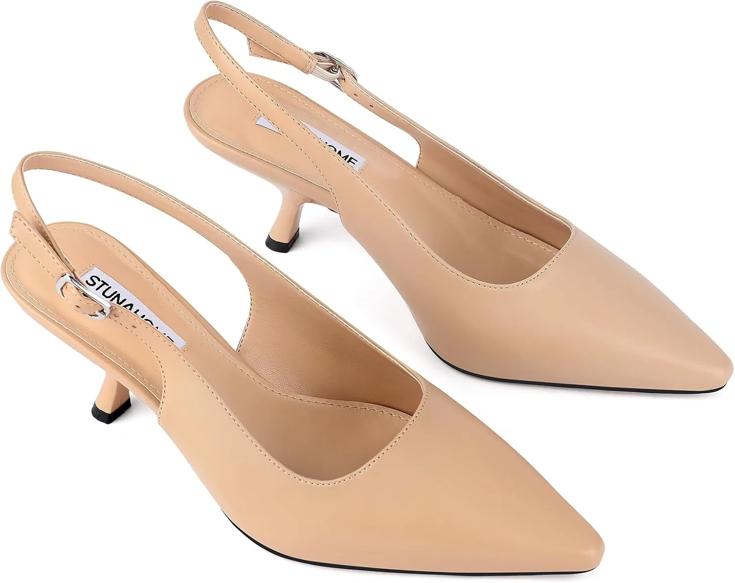 STUNAHOME Slingback Heels for Women Closed Pointed Toe Kitten Pumps Fashion Low Heel Wedding Casual Dress Shoes, Nude