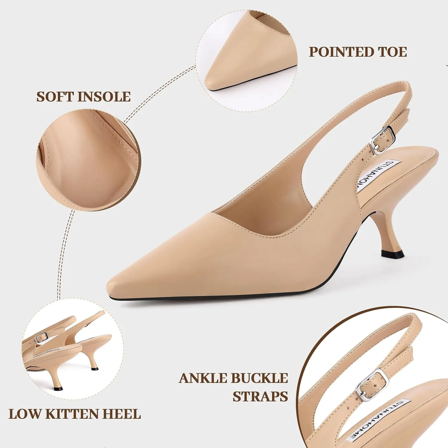 STUNAHOME Slingback Heels for Women Closed Pointed Toe Kitten Pumps Fashion Low Heel Wedding Casual Dress Shoes, Nude