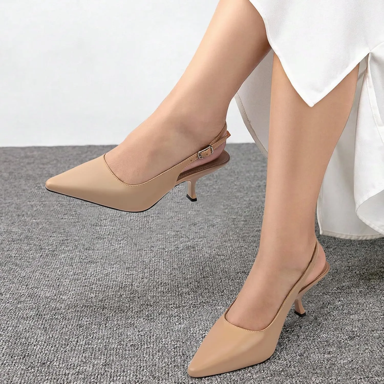 STUNAHOME Slingback Heels for Women Closed Pointed Toe Kitten Pumps Fashion Low Heel Wedding Casual Dress Shoes, Nude