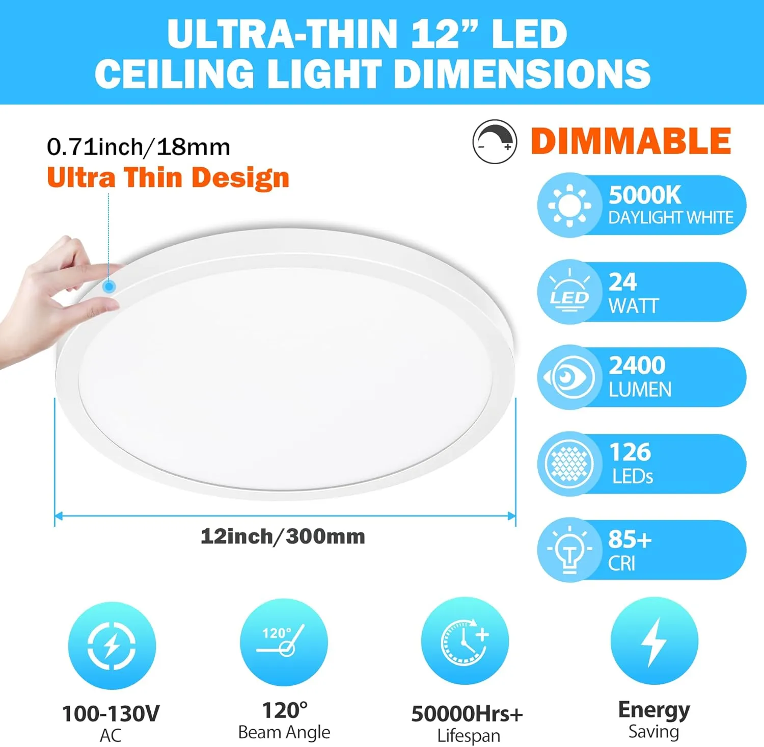 SunRider 2-Pack LED Flush Mount Ceiling Light, 12 Inch 2400LM, 5000K Daylight White, 24W Dimmable Modern Slim Round Flat Lights for Bedroom Hallway