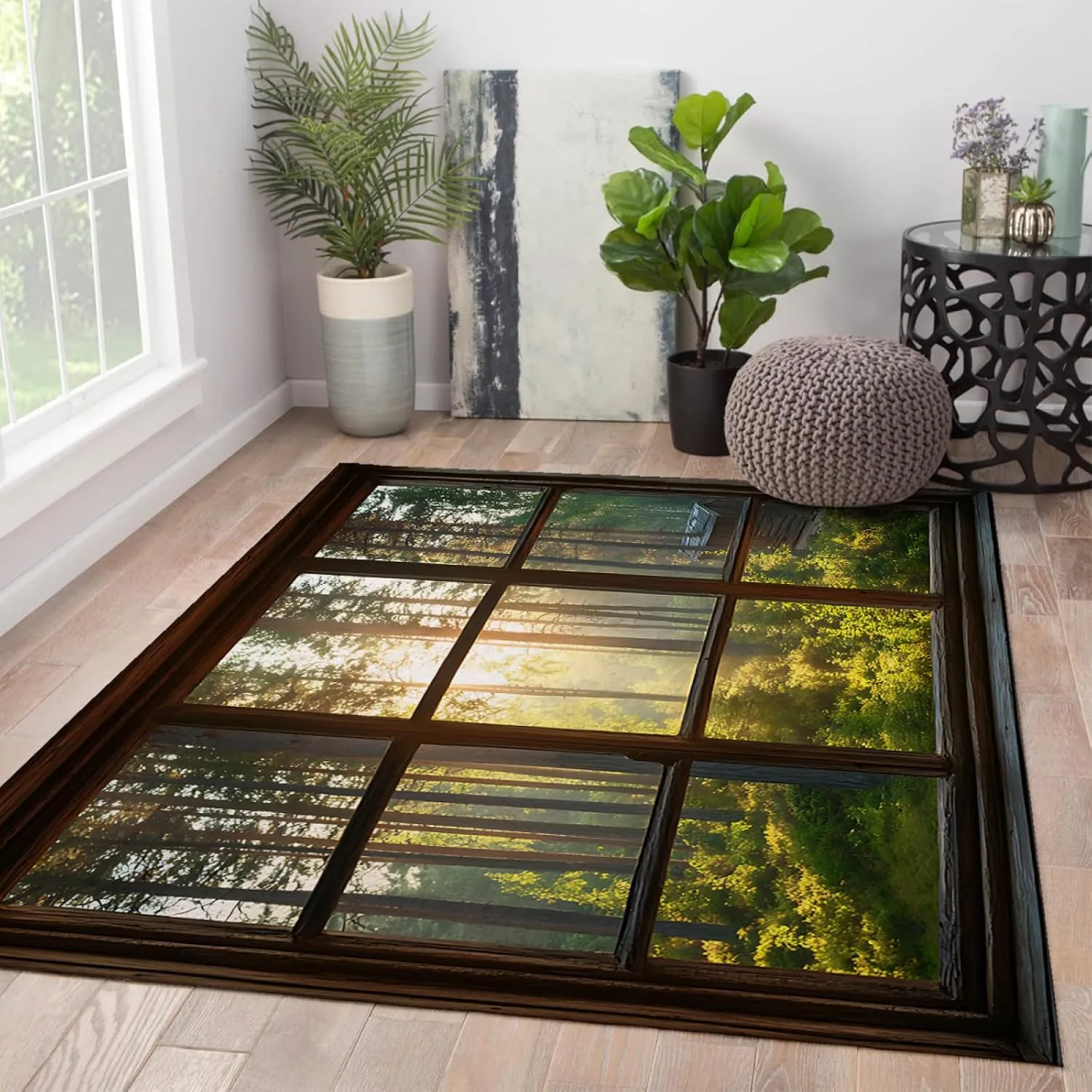 Sunrise Cabin Forest Rugs Morning Sunlight Relaxing Nature Window View Carpet Low Pile Floor Mat for Living Study Room Bedroom 6'x10'