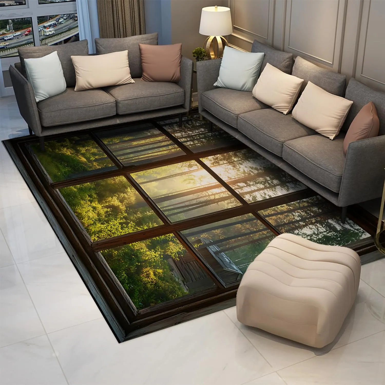 Sunrise Cabin Forest Rugs Morning Sunlight Relaxing Nature Window View Carpet Low Pile Floor Mat for Living Study Room Bedroom 6'x10'