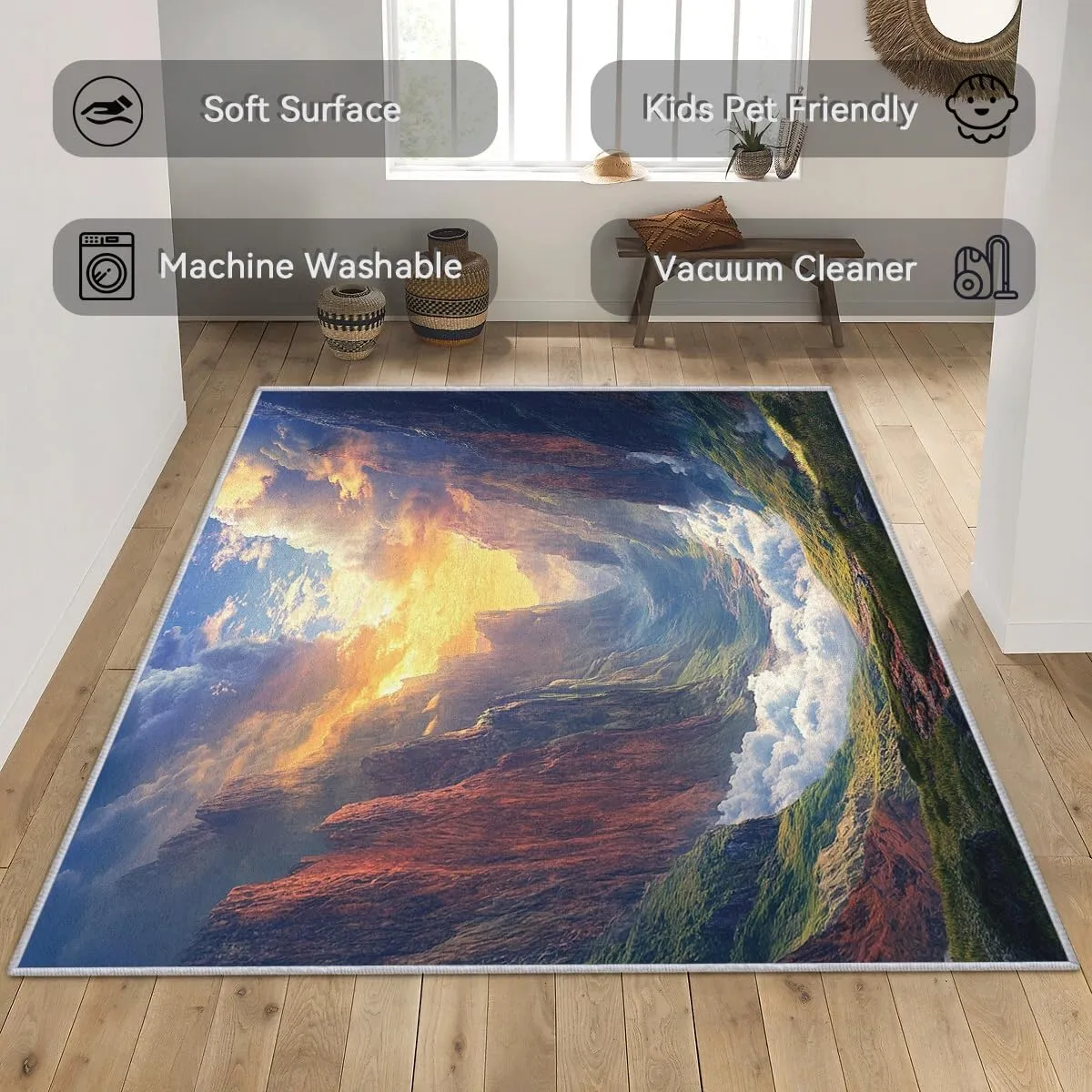 Sunset Rug 4x6 - Washable Mountain Area Rugs for Living Room, Bedroom, Sunrise Scenery Home Decor, Nature Landscape Pattern Indoor Floor Carpet, Non Slip & Low Pile