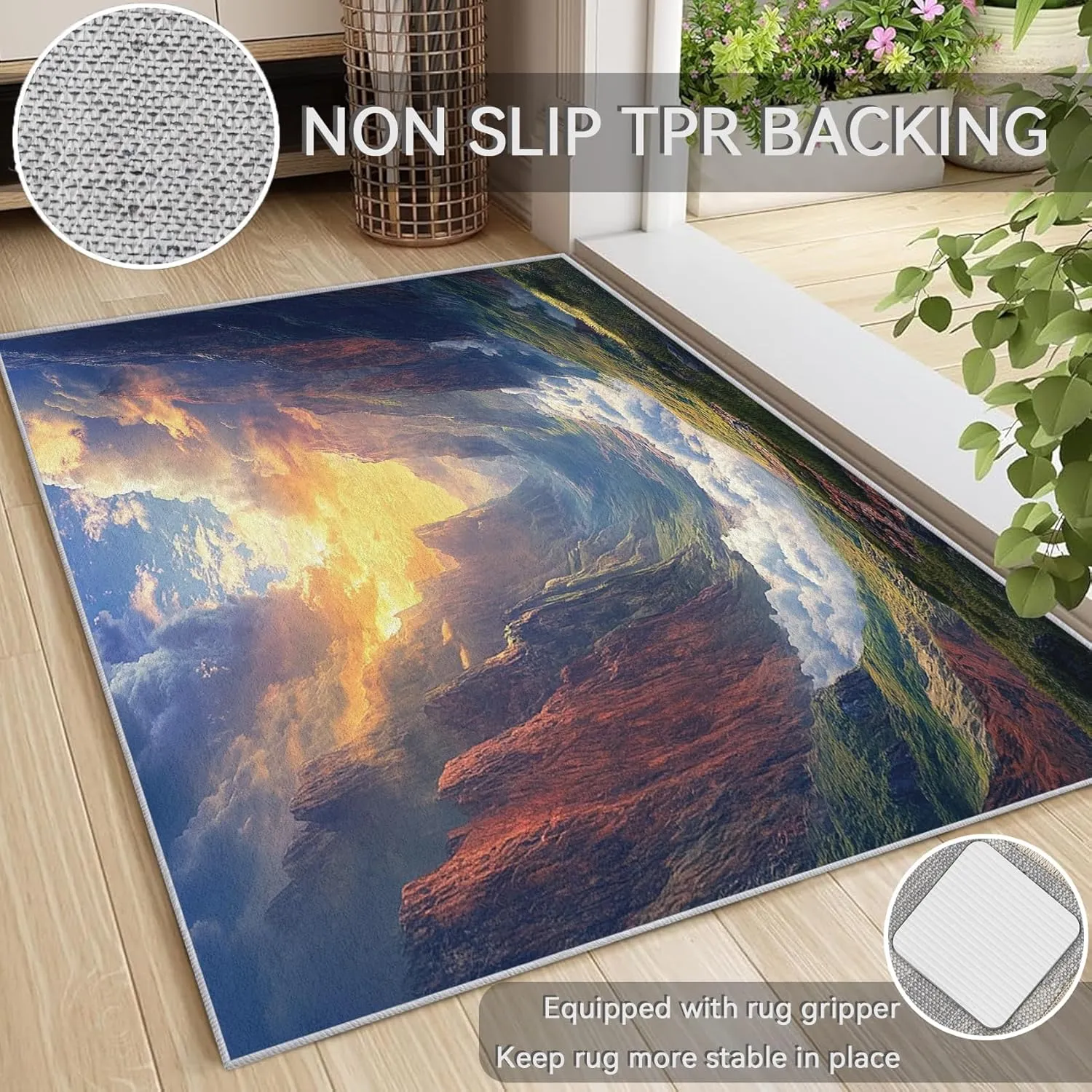 Sunset Rug 4x6 - Washable Mountain Area Rugs for Living Room, Bedroom, Sunrise Scenery Home Decor, Nature Landscape Pattern Indoor Floor Carpet, Non Slip & Low Pile
