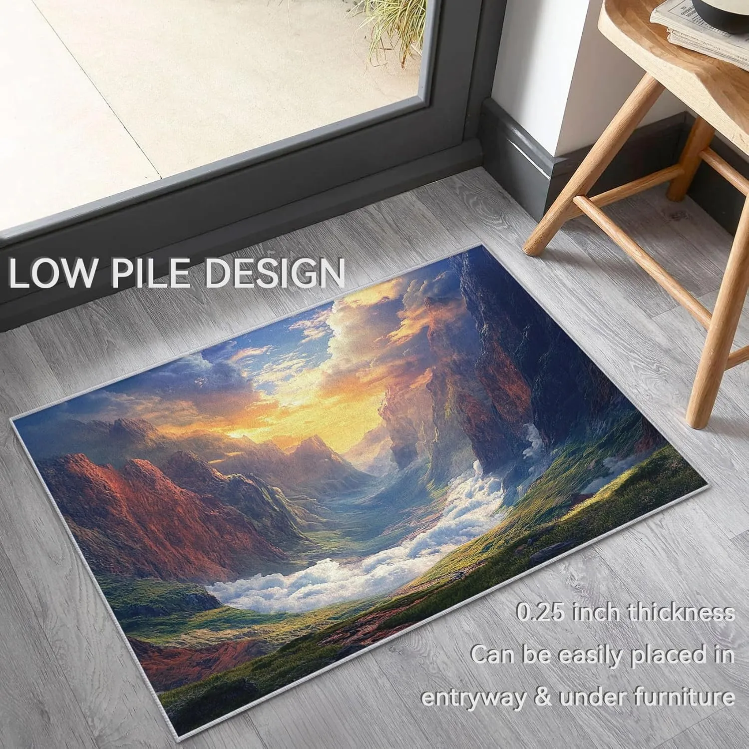 Sunset Rug 4x6 - Washable Mountain Area Rugs for Living Room, Bedroom, Sunrise Scenery Home Decor, Nature Landscape Pattern Indoor Floor Carpet, Non Slip & Low Pile