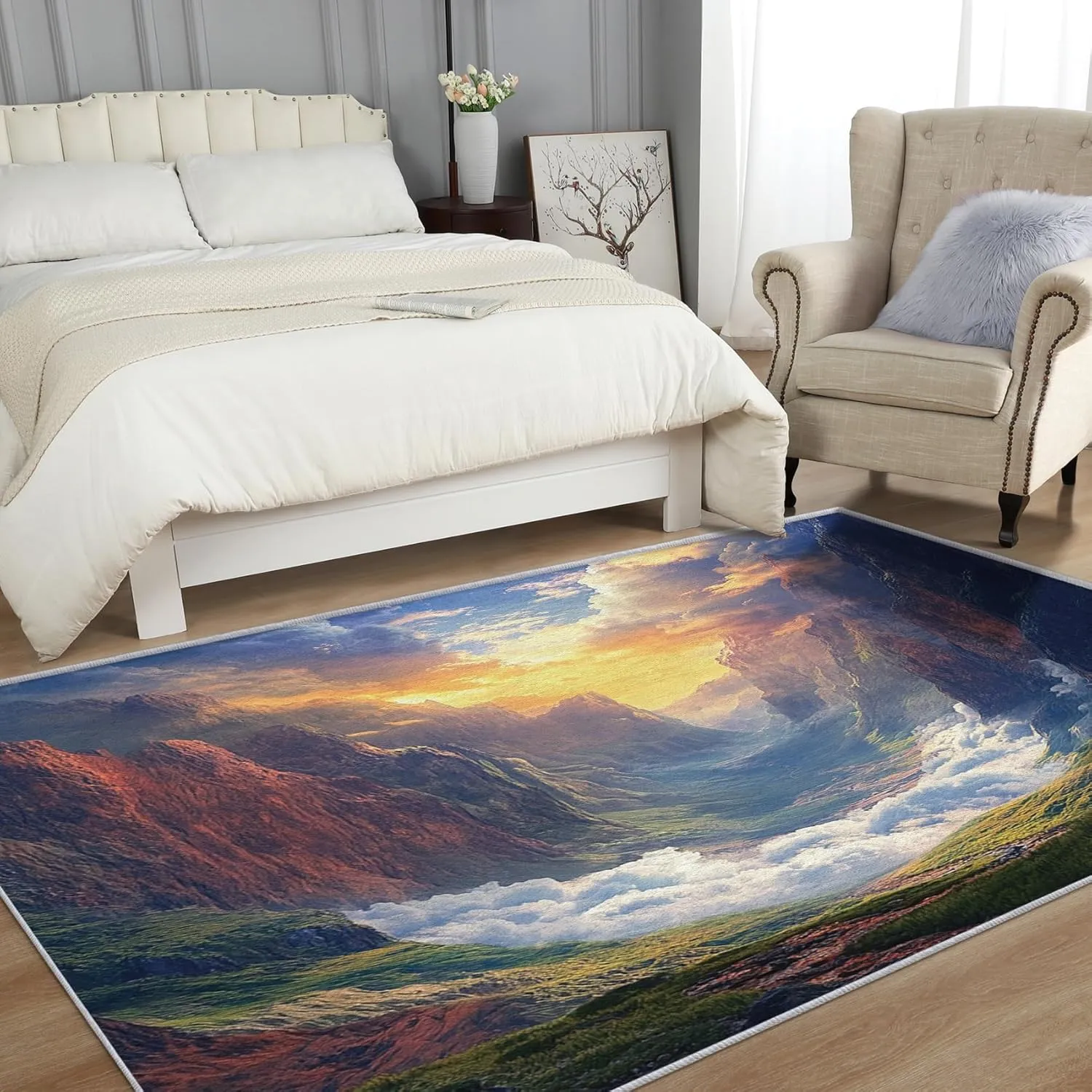 Sunset Rug 4x6 - Washable Mountain Area Rugs for Living Room, Bedroom, Sunrise Scenery Home Decor, Nature Landscape Pattern Indoor Floor Carpet, Non Slip & Low Pile
