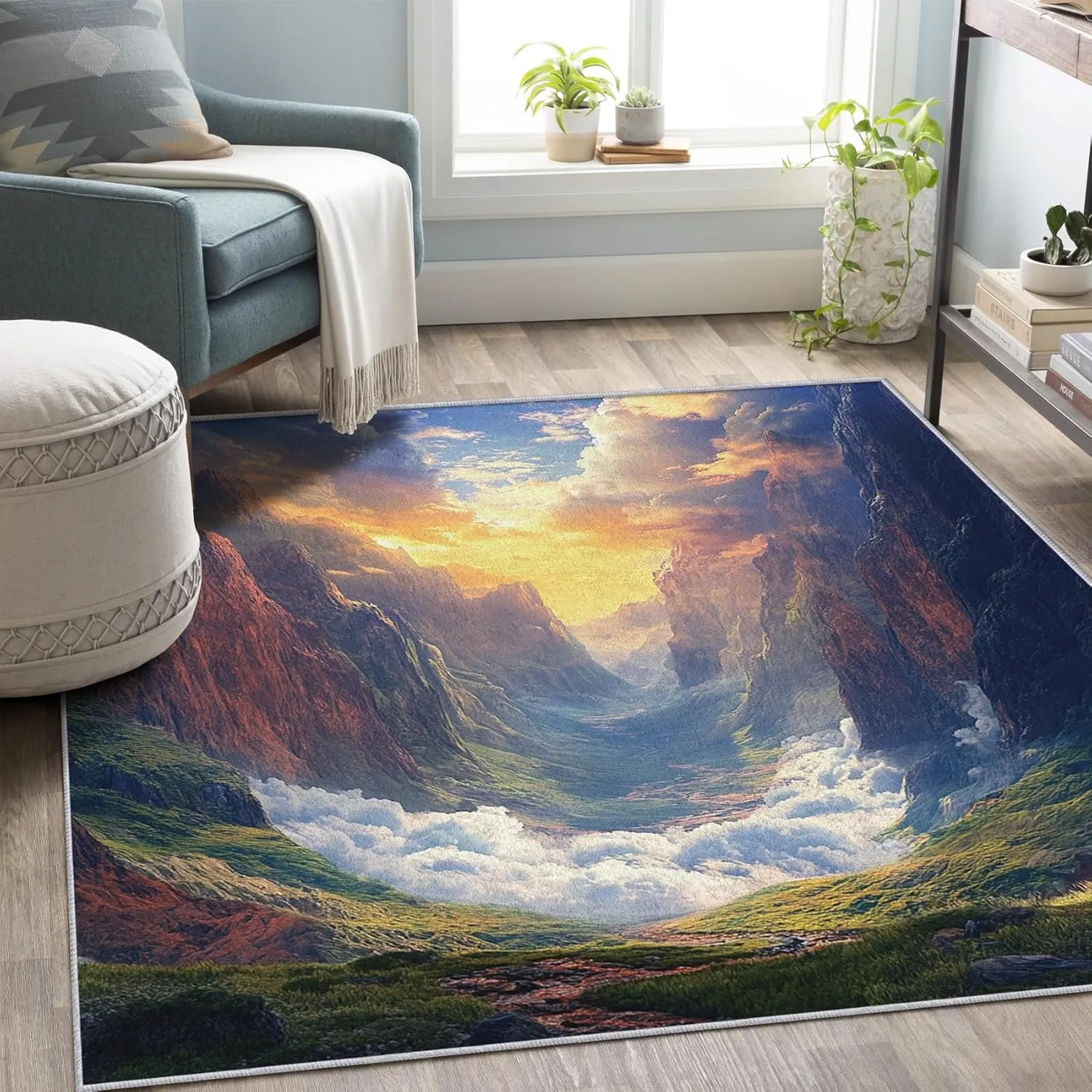 Sunset Rug 4x6 - Washable Mountain Area Rugs for Living Room, Bedroom, Sunrise Scenery Home Decor, Nature Landscape Pattern Indoor Floor Carpet, Non Slip & Low Pile