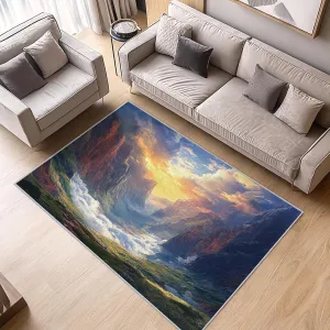Sunset Rug 4x6 - Washable Mountain Area Rugs for Living Room, Bedroom, Sunrise Scenery Home Decor, Nature Landscape Pattern Indoor Floor Carpet, Non Slip & Low Pile