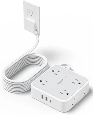 Surge Protector Power Strip 15 Ft Cord, TESSAN 8 Widely Spaced Outlets, 3 USB Charger(1 USB C Port), Ultra Thin Flat Plug Extension Cord 15 Feet, 900J Surge Protection for Home, Dorm Room Essentials