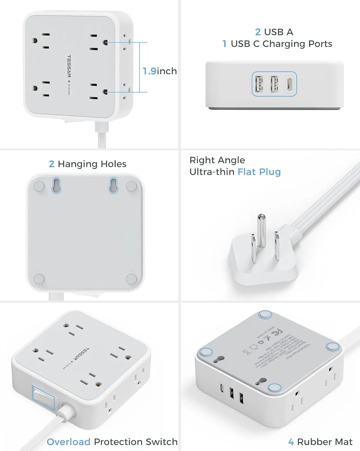 Surge Protector Power Strip 15 Ft Cord, TESSAN 8 Widely Spaced Outlets, 3 USB Charger(1 USB C Port), Ultra Thin Flat Plug Extension Cord 15 Feet, 900J Surge Protection for Home, Dorm Room Essentials