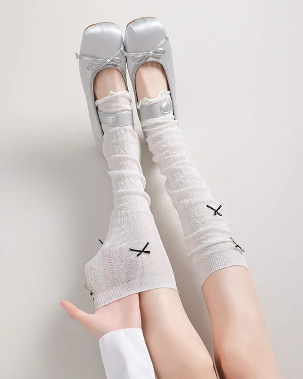Sweetnana Spring and Summer Ultra Thin Leg Warmers for Women Solid Argyle with Bow Design