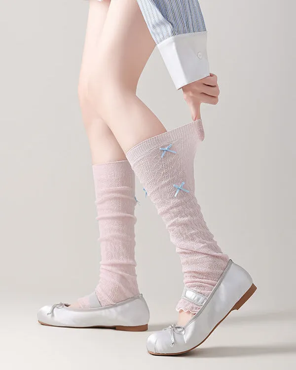 Sweetnana Spring and Summer Ultra Thin Leg Warmers for Women Solid Argyle with Bow Design