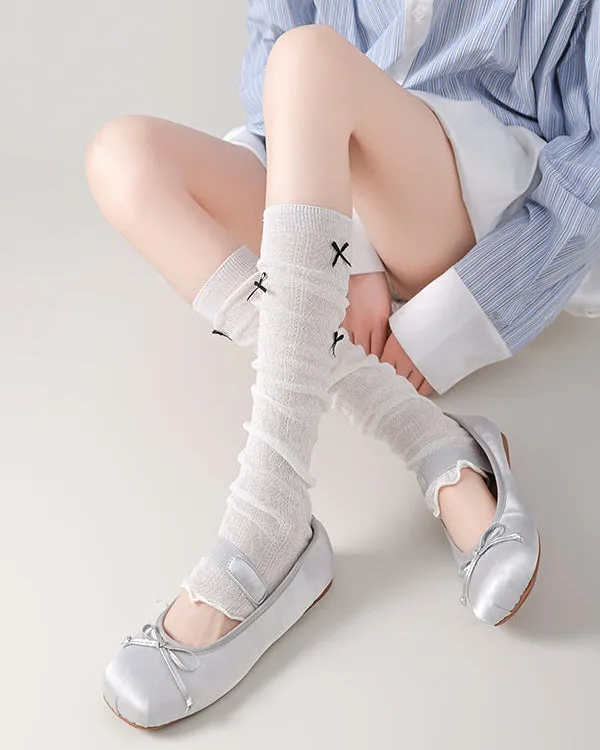 Sweetnana Spring and Summer Ultra Thin Leg Warmers for Women Solid Argyle with Bow Design