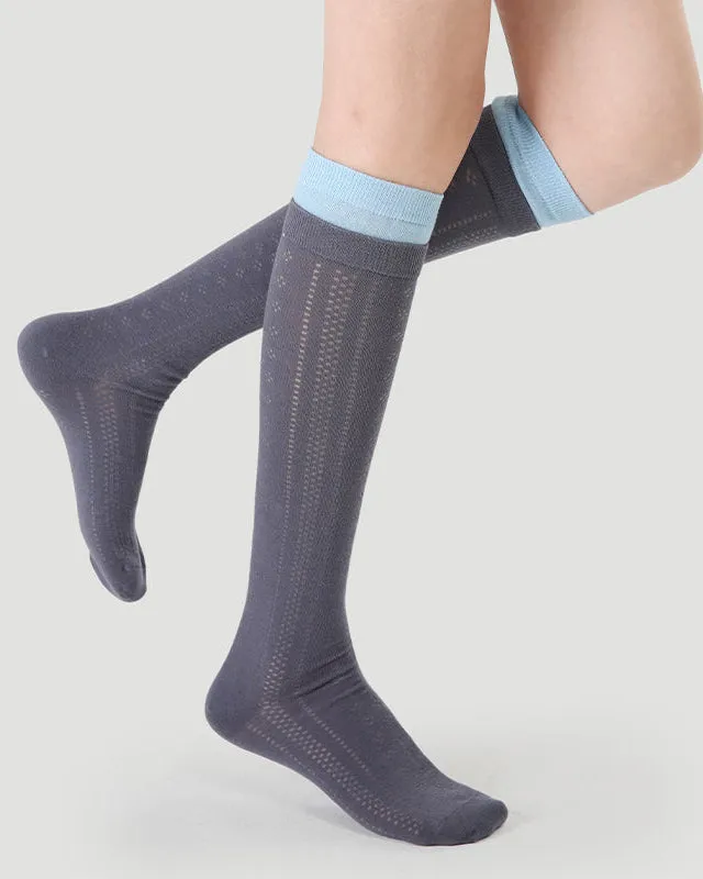 Sweetnana Women's Mesh Seamless Socks for Spring/Summer, Cuff Contrasting Color, Hollow Pattern, Thin Trendy Socks, Soft and Comfort, Calf Socks.