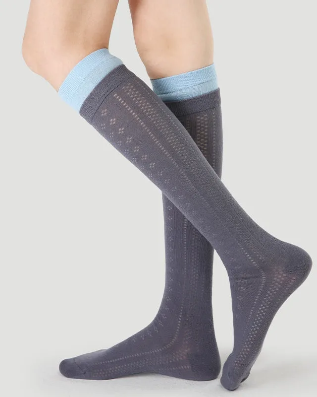 Sweetnana Women's Mesh Seamless Socks for Spring/Summer, Cuff Contrasting Color, Hollow Pattern, Thin Trendy Socks, Soft and Comfort, Calf Socks.